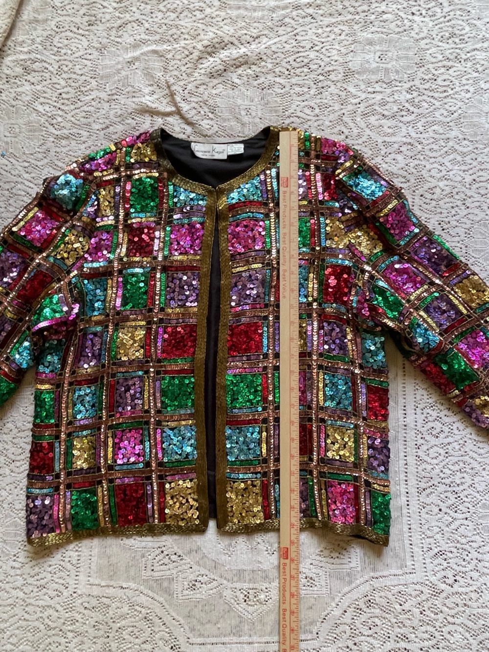 90s Laurence Kazar Multicolor Sequin Patchwork Jacket with Gold Trim - Picture 5 of 13
